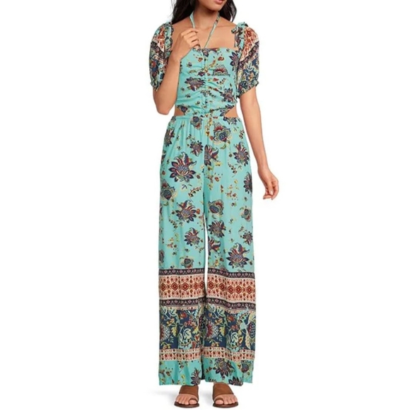 Free People Bali Citrus Skies Paisley Cut Out Back Detail Smocked Jumpsuit - Picture 3 of 6